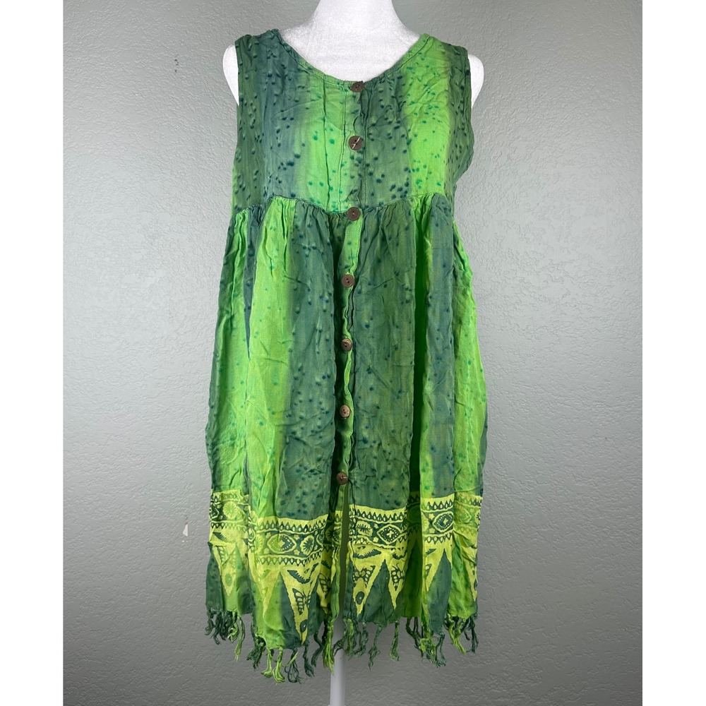 Bali Chic Batik Tunic Dress One Size Green Tie Dye Butterfly Fringe‎ Kaftan Boho